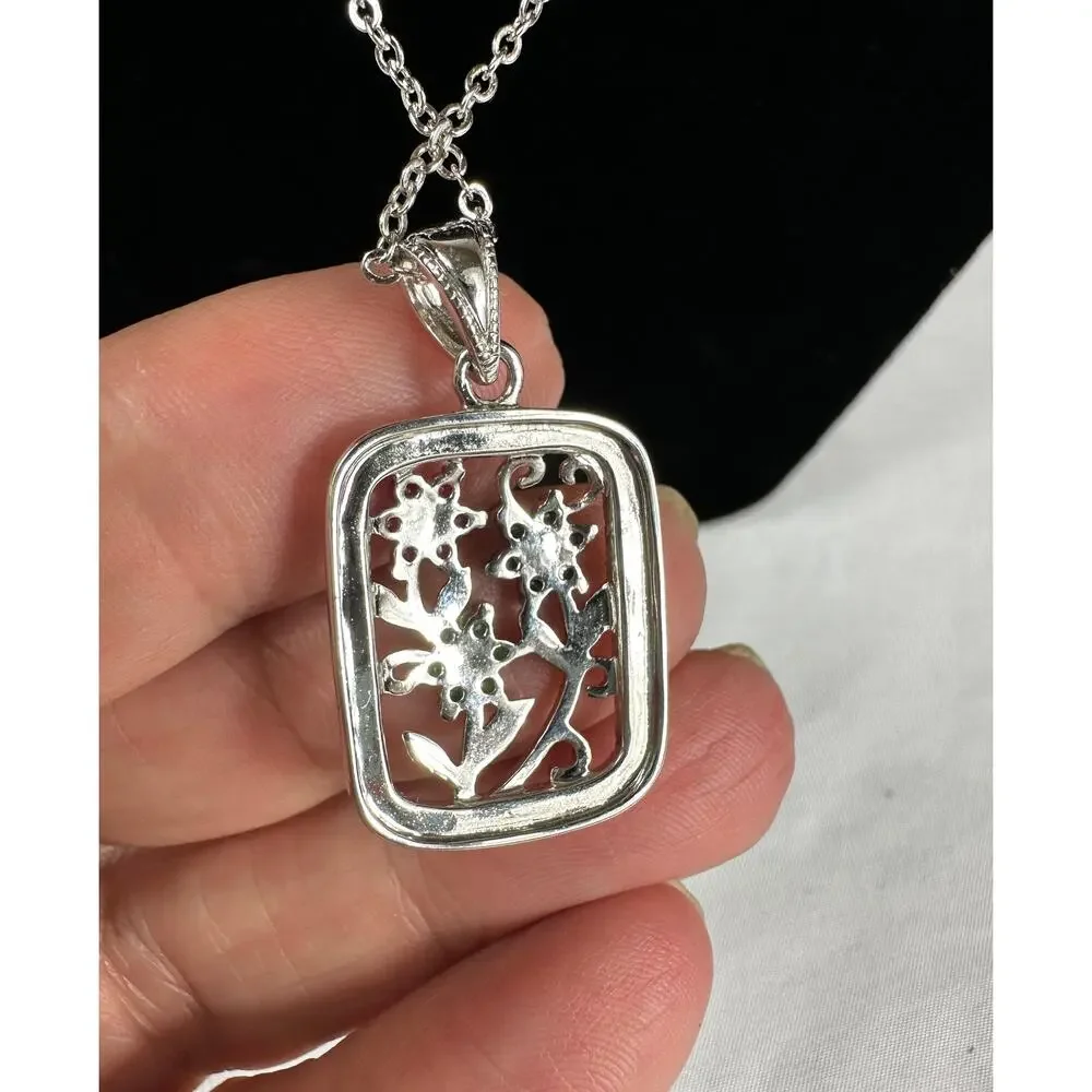 Vintage Floral Gemstone Pendant Necklace Sterling Silver Style